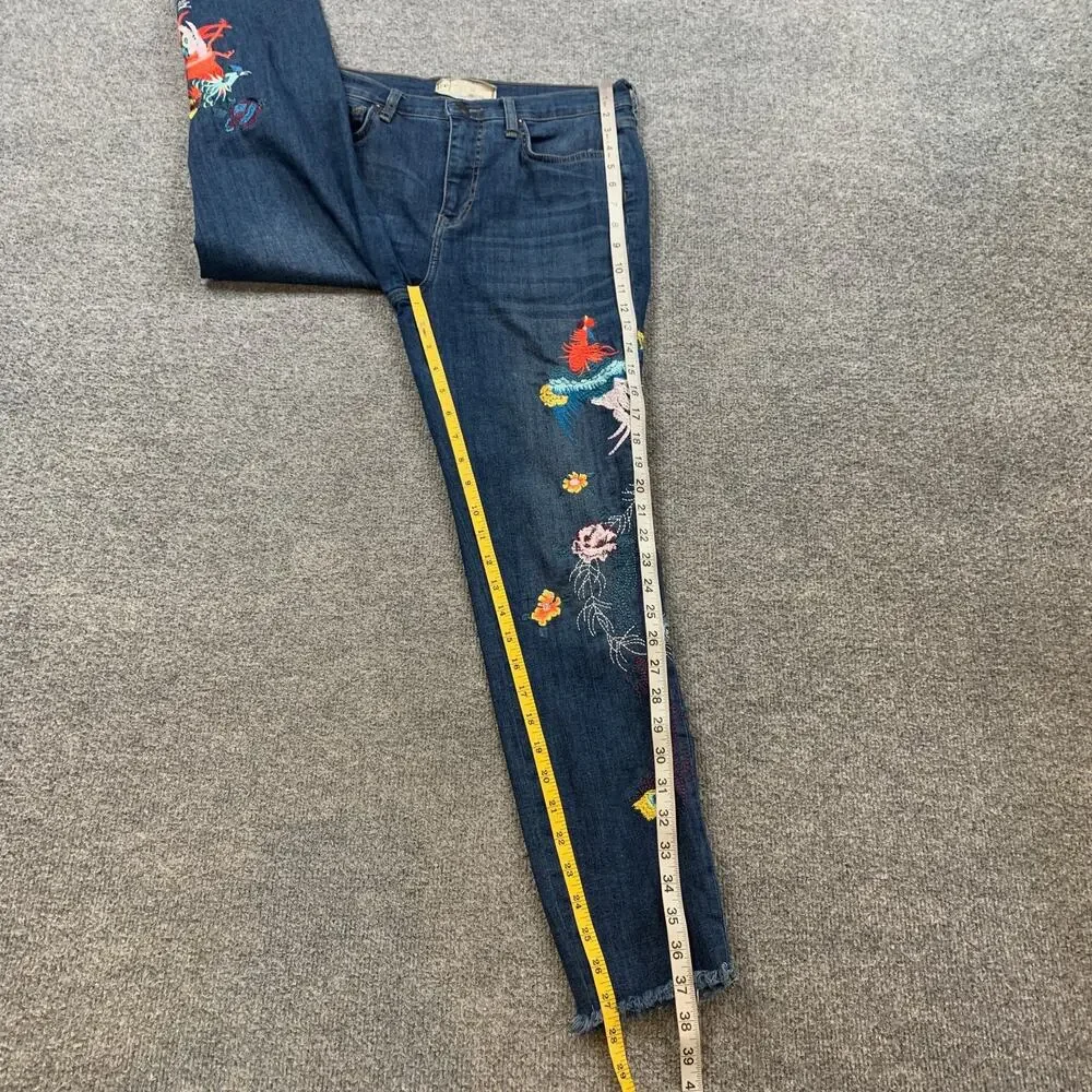 Free People Jeans Womens 30 Blue Embroidered Bird Skinny High Rise Raw Hem Denim
